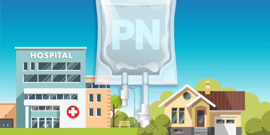 illustration of a hospital next to a house with a PN IV bag in the middle.
