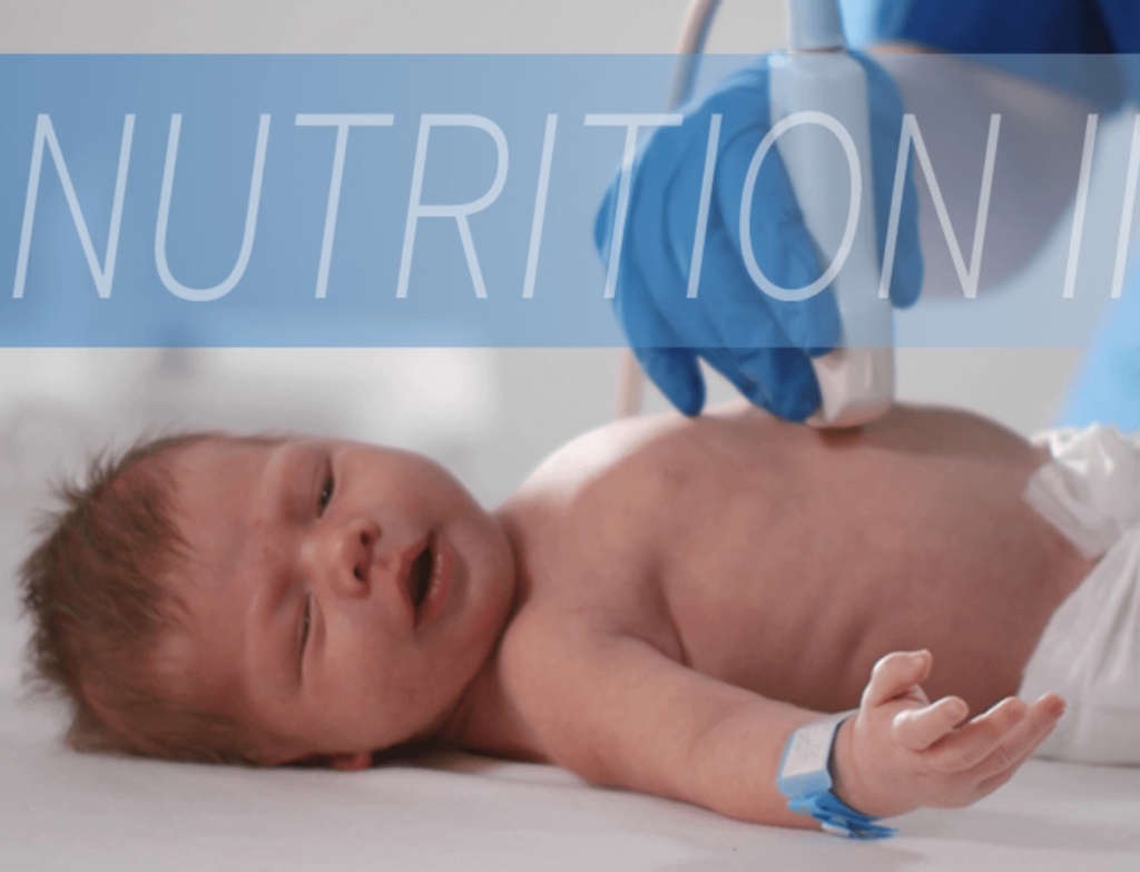 Newborn baby being examined with text overlay "Nutrition In NEC"